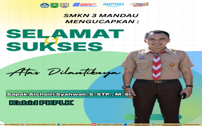 SMKN 3 Mandau Mengucapkan Selamat dan Sukses kepada Bapak Alchoiri Syahwali, S.STP., M.Si atas pelantikan sebagai Kepala Bidang Pembinaan Khusus dan Pendidikan Layanan Khusus (PKPLK) Dinas Pendidikan Provinsi Riau.